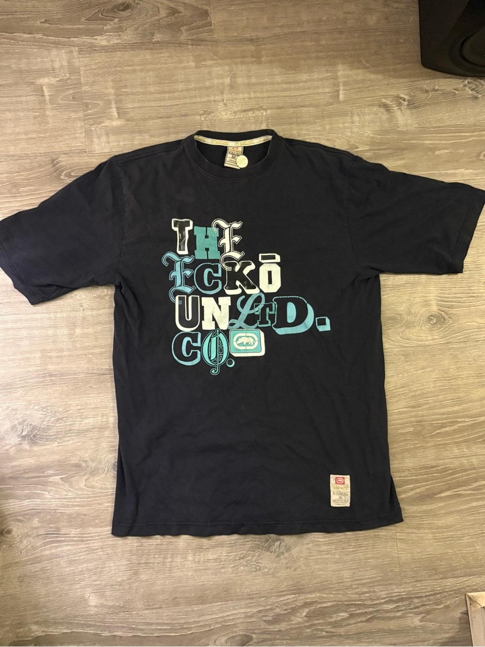 Ecko Unlimited Black Tee with Teal & White Graphic